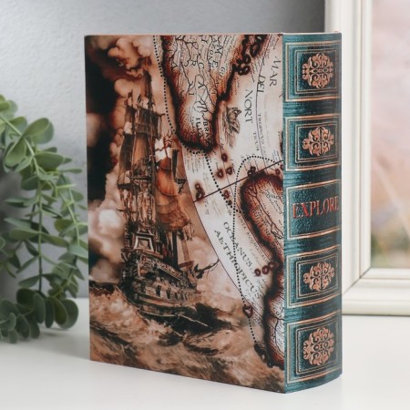 Broke Broke Wood, leatherette "ship and map" 6x15x20 cm-3