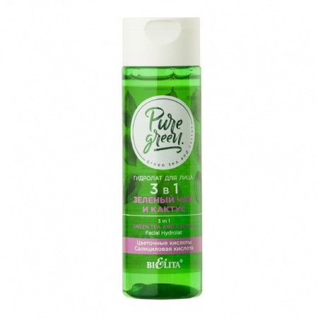 Face hydrolyte 3 in 1 Bielita Pure Green “Green Tea and Cactus”, moisturizing, 115 ml