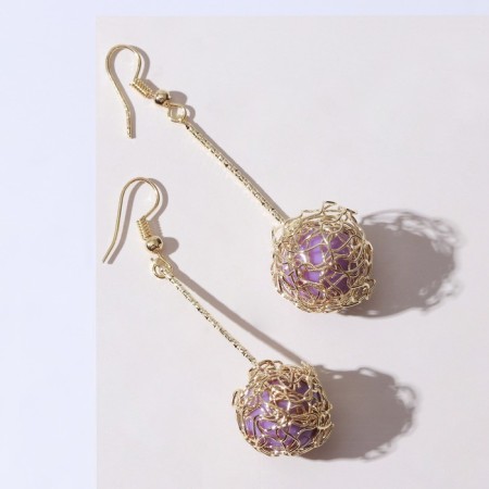 Hanging earrings “wandered ball”, lilac color in gold, 6.5 cm-1