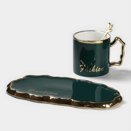 Tea couple ceramic "luxury", 3 items: mug 250 ml, saucer 23.5 × 13 cm, spoon, green color-2