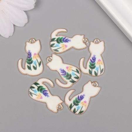 Decor for creativity metal, enamel "White cat with flowers" 2.5x1.6 cm-2