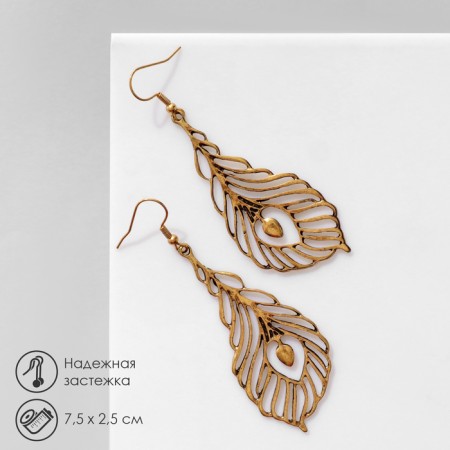 Earrings hanging "feathers" peacock, color black gold, 7.5 cm