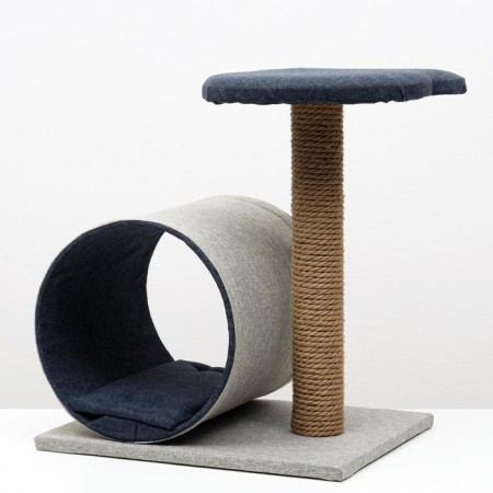 Complex for cats with a claw, with a tunnel and a shelf, 44 x 35 x 50 cm, mobbled, jute, gray-blue-1