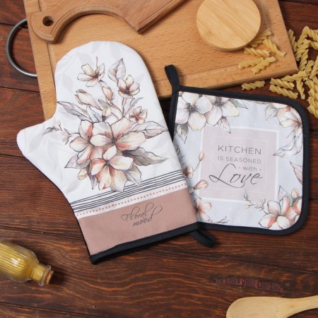 Kitchen "Floral Mood" mittens-output 20x28cm, 19x19cm tack, 100% HL