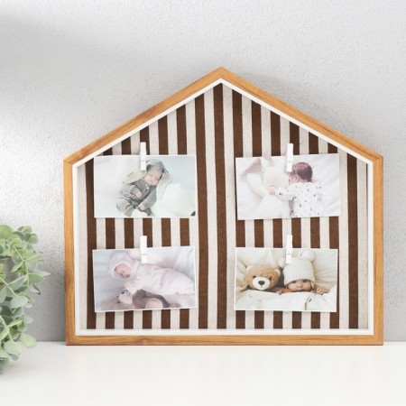 Photo frame plastic, textiles in 4 photos "cute house in brown strip" with clothespins 40x35 cm
