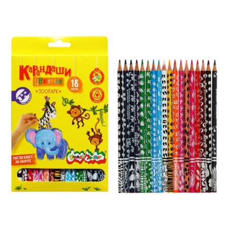 Pencils of 18 flowers "Zoo" Kalyaka-Malyak, trihedral, with print on the case, tree