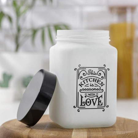 Glass Bank for bulk products "Love in the kitchen", 1.5 l, white color-1