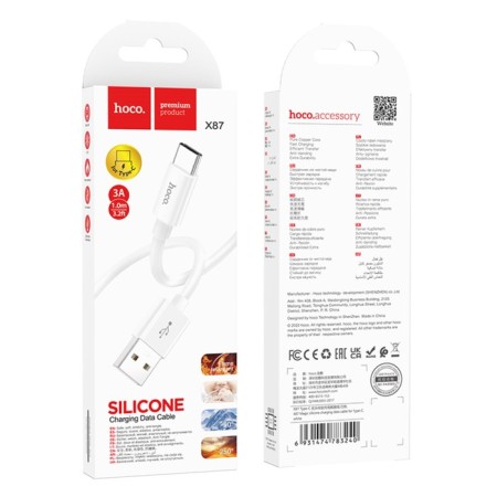 Hoco X87, Type -C cable - USB, 3 A, 1 m, silicone braid, white-5