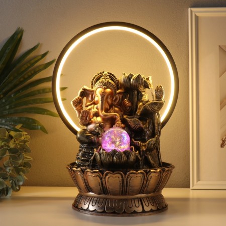 Table Polystone Fountain from the Network, Ganesha's backlight with a lotus at the waterfall 25x20x34 cm