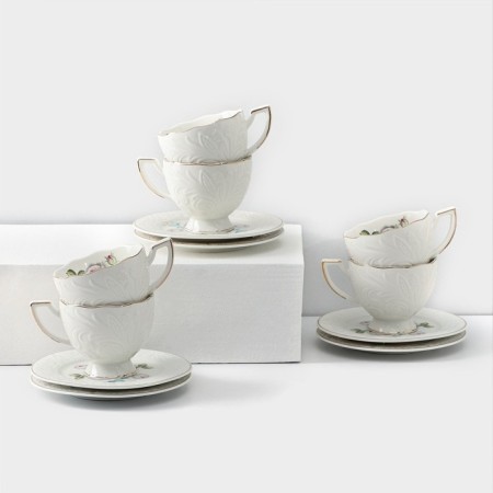 Rose porcelain service, 12 items: 6 mugs 220 ml, 6 saucers d = 15 cm, white color