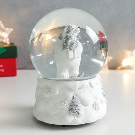 Souvenir Polystone Water Ball Music "White Bear with a Christmas tree and a gift" 11.5x11.5x14 cm-1