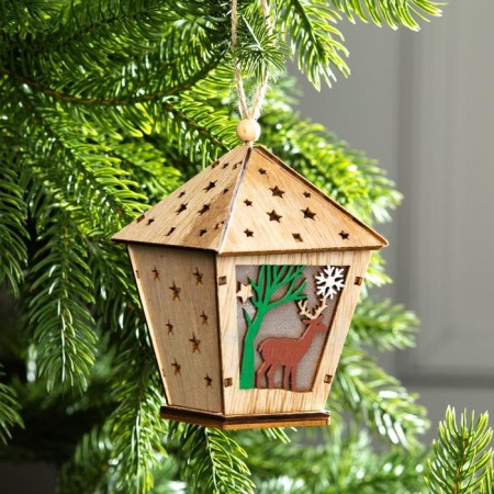 Christmas tree toy "Lantern with a deer", from batteries, a glow of warm white-1