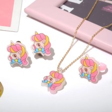 Set of children's “chosen” 3 clips, pendant, ring, unicorn, color in gold