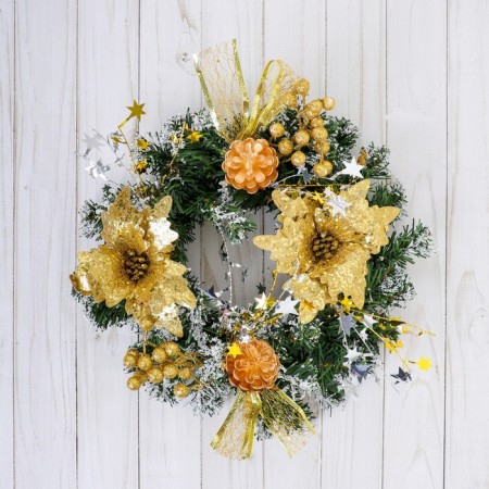 New Year's Wreath D-24 cm "Flowers and cones" gold