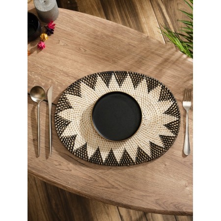 Rug Serving braided oval rattan, 40x30x0.5 cm, black and white-2