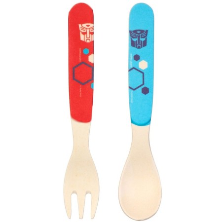 A set of children's bamboo dishes, 4 objects: plate, fork, spoon, glass, transformers-7