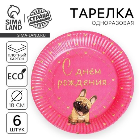Disposable paper plate "Happy Birthday" pesel, set 6 pcs, 18 cm