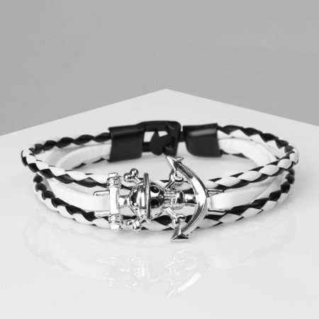 Bracelet of the male "parallel" anchor with a skull, black and white color with silver, 21.5 cm