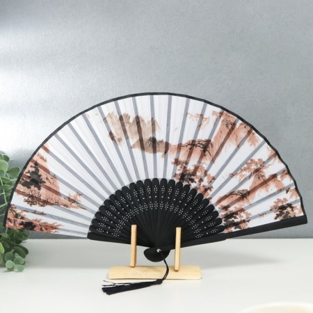 Fan bamboo, textile h = 21 cm "Foggy mountains" white, with a brush