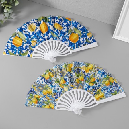 Fan plastic, textile "Lemon ornament" mix 23 cm-1