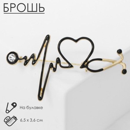 Brooch "Stetoscope" cardiogram, black color in gold