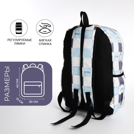 Youth backpack from textiles, 3 pockets, milk/blue color-1