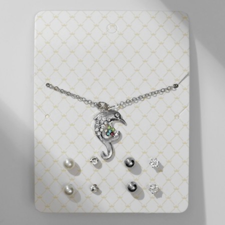Set of 5 objects: 4 pairs fluffs, the pendant "dolphin", white color in silver, 45 cm