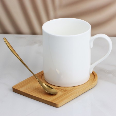 Ceramic mug on a wooden stand “Enjoy the moment”, 330 ml, with a spoon, white color-2