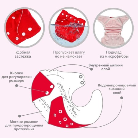 Reusable diaper, red color-2