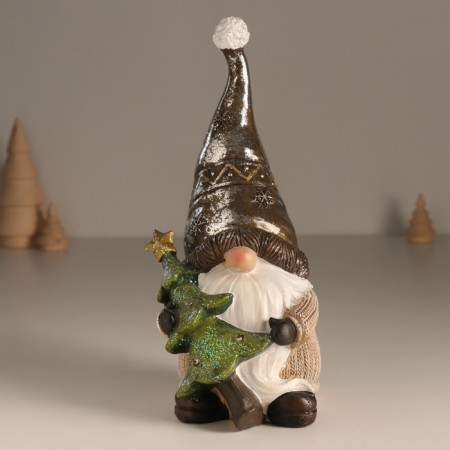 Souvenir Polystone Light "Santa Claus in the cap, with a Christmas tree" Beige and chocolate 10.5x10.5x22 cm