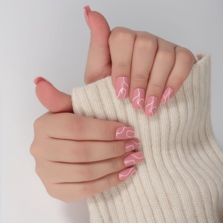 Lines patch nails, 24 pcs, with adhesive plates, soft square shape, pale pink color-13