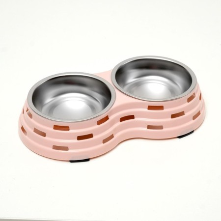 Metal dual bowl on a plastic base 2 x 160 ml, 25 x 14 x 5 cm, pink-1