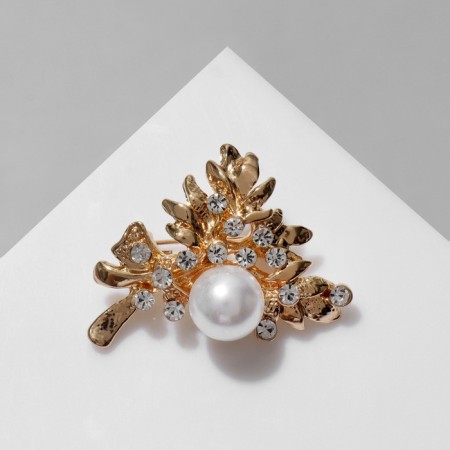 Brooch "Pearls" olive leaves, white color in gold
