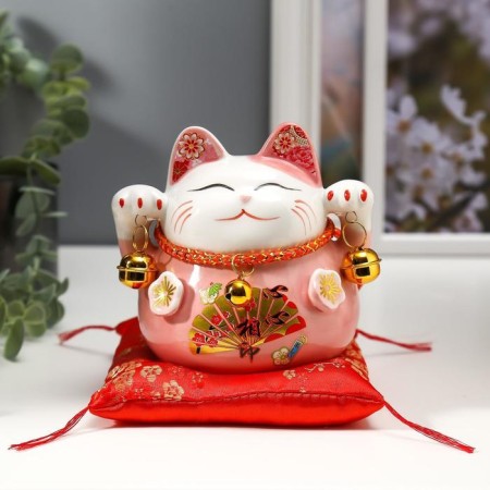 Souvenir Ceramics Pigger "Pink Cat Mani-Neko with bells" 11.5x11.5x9.5 cm