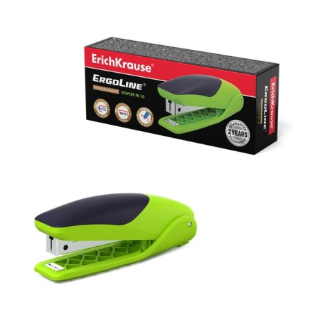 Stapler Erichkrause Ergoline No. 10, up to 15 sheets, built-in anti-stepler, rubber anti-slip insert, bright salad