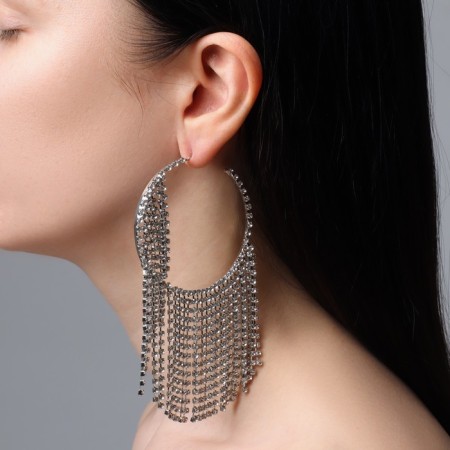Hanging earrings with rhinestones "Waterfall" threads on large rings, white color in silver, 12 cm-2
