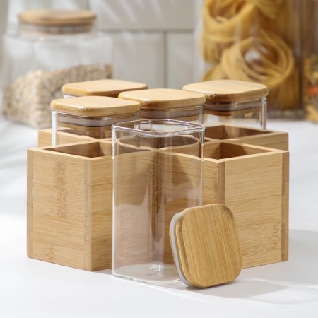 A set of glass cans for bulk products with bamboo covers "Eco", 350 ml, on a stand, 5 pcs-1