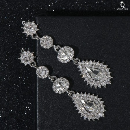 Hanging earrings with “evening” rhinestones, white color in silver, 7 cm-1