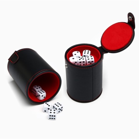 A leather glass for playing bones, 5 cubes included, 7.9 x 10.2 cm-1