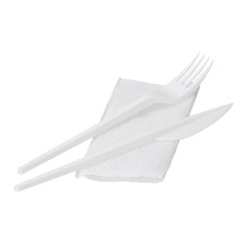 Set of cutlery 3 in 1, fork + knife + napkin, 16.5 cm, white color
