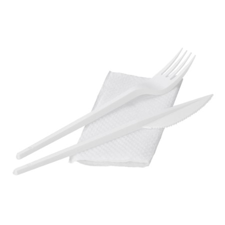 Set of cutlery 3 in 1, fork + knife + napkin, 16.5 cm, white color
