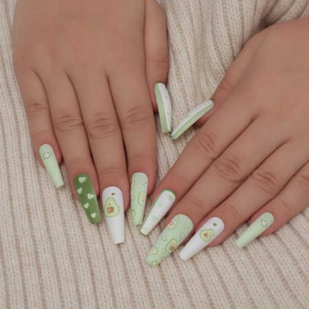 Avocado overhead nails, 12 pcs, with adhesive plates, ballerina shape, green/white color-8