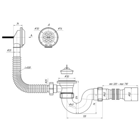 A set for the bathtub "Ani Plast" C6155: siphon, flexible pipe 40 x 50 mm-6
