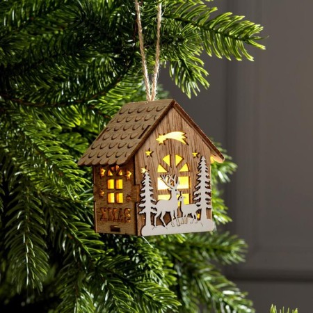 Christmas tree toy "House with deer", from batteries, glow warm white