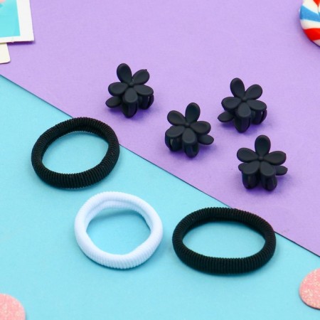Hair set "Galey" (3 elastic bands 5 cm, 4 crab 2 cm) chamomile, black and white-1