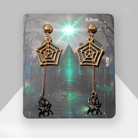 Earrings "Spiders" with a web, the color is gray in gold, 8 cm