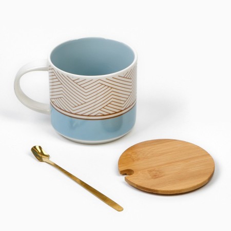 Ceramic mug with a lid and spoon "Geometry", 470 ml, beige color-8