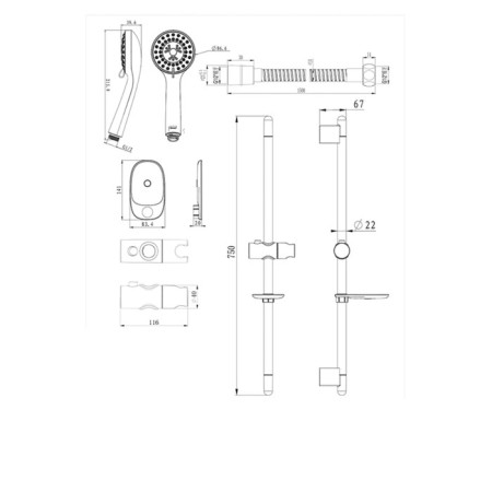 Bravat ECO D152CP-1A-RRUS shower headset, rod 750 mm, watering can 3 modes, d = 86.6 mm, chrome-1