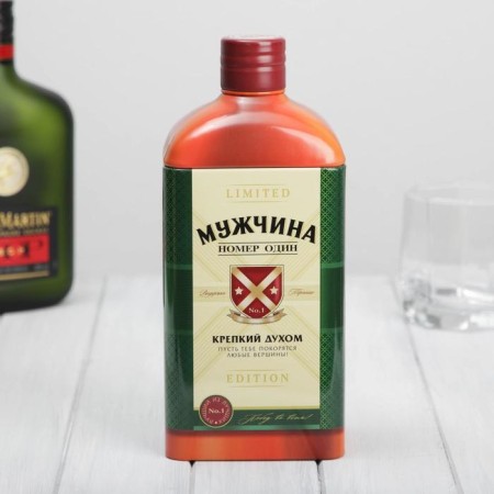 Box tin in the shape of a bottle for strong alcohol "man"