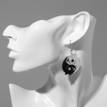 Acryl Earrings "Yin-Yang" cats, black and white color-3